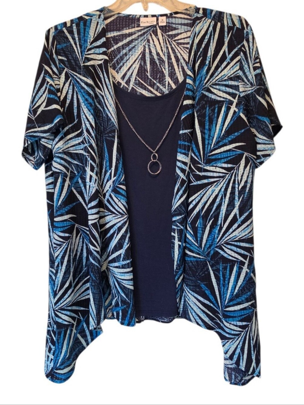 Kim Rogers Navy Palm-Print Layered Blouse Size 3X
